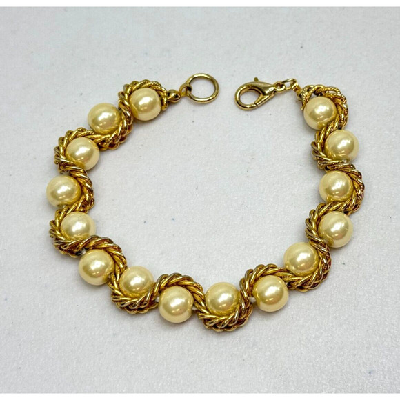Vintage Bracelet Art Deco Gold Tone Faux Pearl Scrolling Rope Chain 7 in Estate - Picture 1 of 6